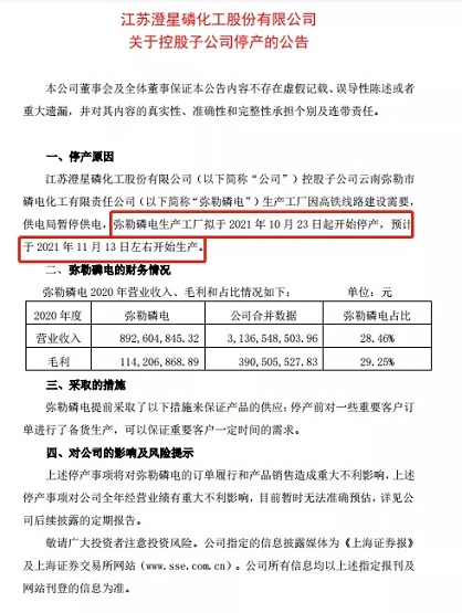 江蘇澄星磷化工發布關于控股子公司停產 江蘇澄星磷化工發布關于控股子公司停產