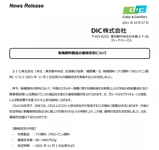 DIC顏料售價漲幅為80-400日元/kg DIC顏料售價漲幅為80-400日元/kg