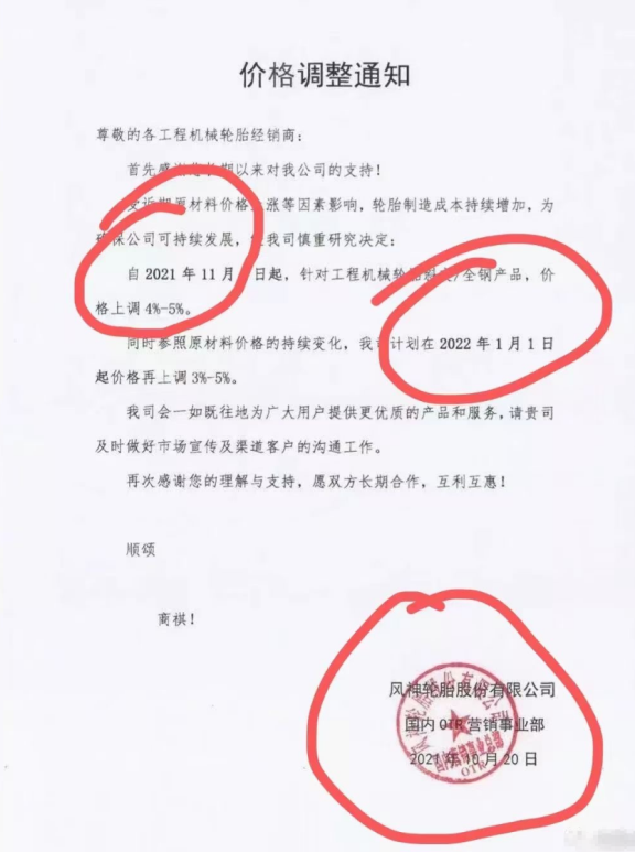 風神輪胎、固鉑輪胎則宣布宣布旗下部分輪胎產品將分別于2022年1月、2021年12月1日開始價格最高上調5%。 風神輪胎、固鉑輪胎則宣布宣布旗下部分輪胎產品將分別于2022年1月、2021年12月1日開始價格最高上調5%。