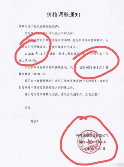 風神輪胎2022年漲價函 風神輪胎2022年漲價函