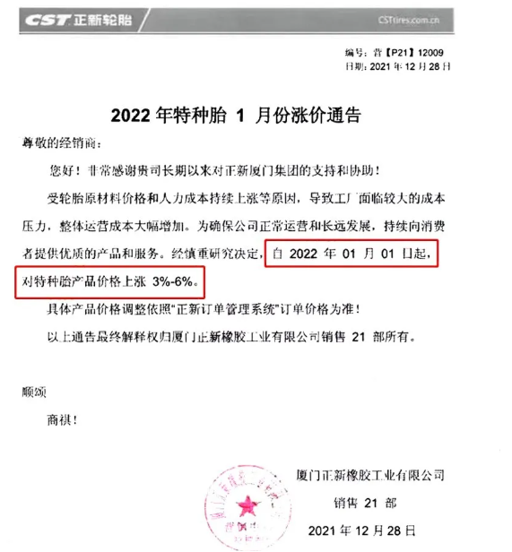 廈門(mén)正新發(fā)布漲價(jià)通知,自2021年1月1日起,對(duì)特種輪胎產(chǎn)品價(jià)格上調(diào)3%-6%。 廈門(mén)正新發(fā)布漲價(jià)通知,自2021年1月1日起,對(duì)特種輪胎產(chǎn)品價(jià)格上調(diào)3%-6%。
