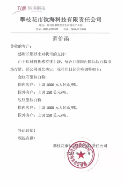 攀枝花市鈦?？萍加邢挢熑喂景l布調價函稱