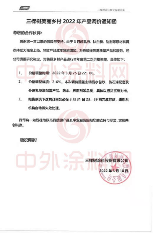 最高漲幅裝修漆12%！防水系列20%！美麗鄉(xiāng)村6%！三棵樹全線產(chǎn)品價格上調(diào)