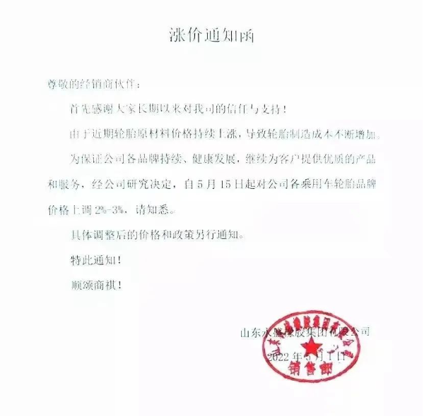 永盛橡膠宣布自5月5日起,對全鋼各系列產品銷售價格上調3%;自5月15日起,對各乘用車輪胎品牌價格上調2%-3%。 永盛橡膠宣布自5月5日起,對全鋼各系列產品銷售價格上調3%;自5月15日起,對各乘用車輪胎品牌價格上調2%-3%。