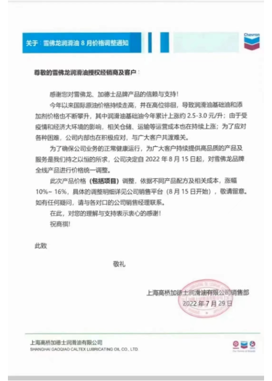 雪佛龍潤滑油:8月15日起調價,幅度為10%~16% 雪佛龍潤滑油:8月15日起調價,幅度為10%~16%