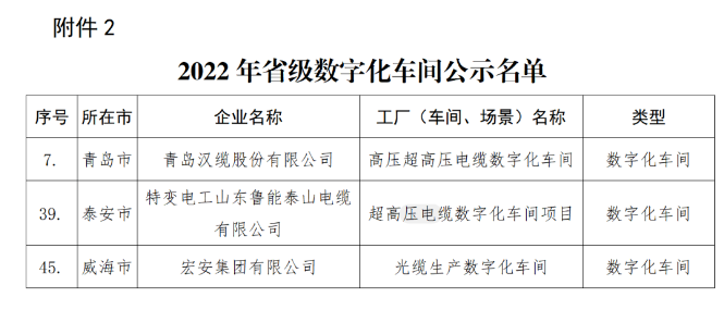青島漢纜、特變電工山東魯能泰山電纜、宏安集團入選2022年省級數字化車間公示名單 青島漢纜、特變電工山東魯能泰山電纜、宏安集團入選2022年省級數字化車間公示名單