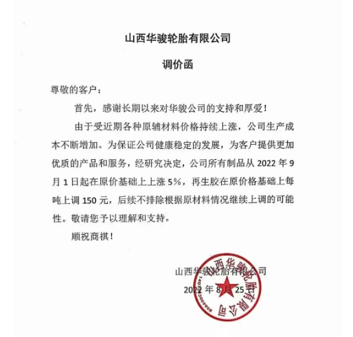 2022年8月25日山西華駿輪胎發布漲價通知,漲價通知顯示自9月1日起,公司所有制品在原價基礎上上漲5%,再生膠在原價基礎上每噸上調150元。 2022年8月25日山西華駿輪胎發布漲價通知,漲價通知顯示自9月1日起,公司所有制品在原價基礎上上漲5%,再生膠在原價基礎上每噸上調150元。