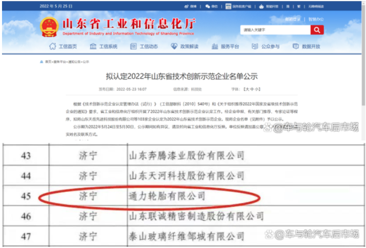 5月23日，山東省工業和信息化廳公布“2022年山東省技術創新示范企業”擬認定名單，通力輪胎赫然在列。