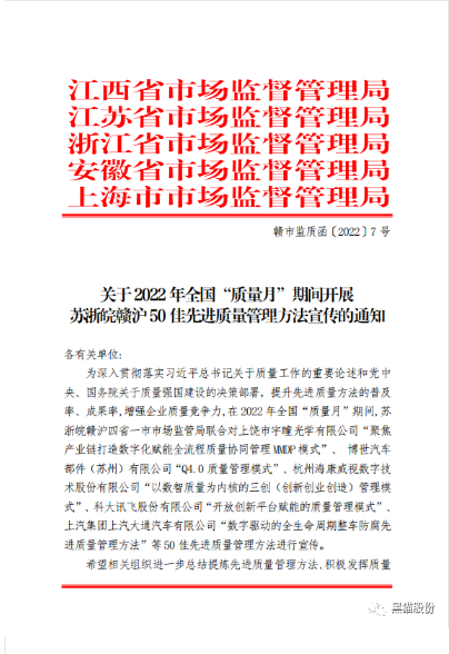 黑貓股份《BIQS精專化鏈塊管理模式》 榮獲2022年度蘇浙皖贛滬先進質量管理方法50佳