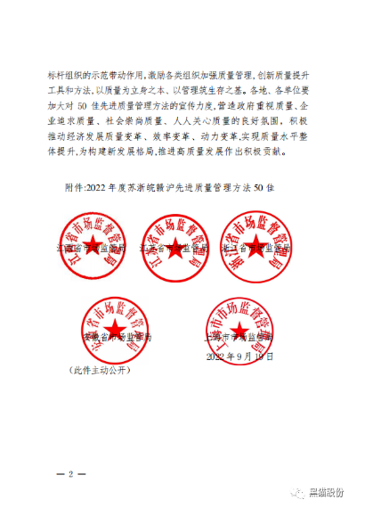 根據贛市質監函[2022]7號文件通知，黑貓股份質量管理成果典型案例之《BIQS精?；湁K管理模式》榮獲2022年度蘇浙皖贛滬先進質量管理方法50佳，省局將編印成冊在各有關企業進行宣傳推廣。