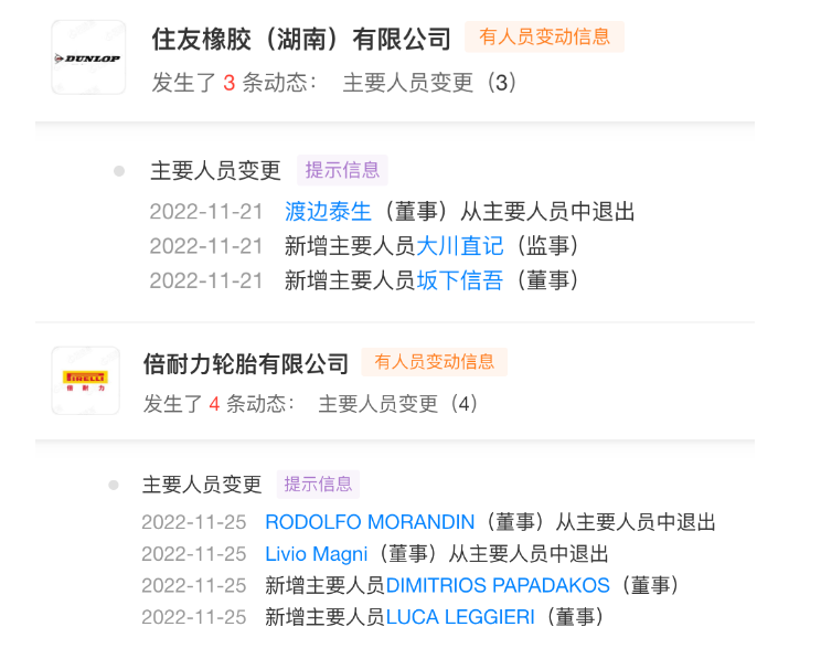 僅11月份，普利司通、住友橡膠、倍耐力、錦湖輪胎等企業在中國的公司董事、監事等均發生人員變更調整。