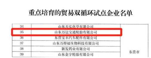 萬達寶通輪胎公司入選山東省重點培育貿易雙循環試點企業 萬達寶通輪胎公司入選山東省重點培育貿易雙循環試點企業