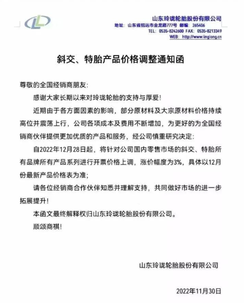 就在上個月,玲瓏輪胎就有發布漲價通知,宣布自12月28日起,對國內零售市場的斜交、特胎所有品牌所有產品系列價格上漲3%,這不剛到漲價時間漲價通知就又來了。 就在上個月,玲瓏輪胎就有發布漲價通知,宣布自12月28日起,對國內零售市場的斜交、特胎所有品牌所有產品系列價格上漲3%,這不剛到漲價時間漲價通知就又來了。