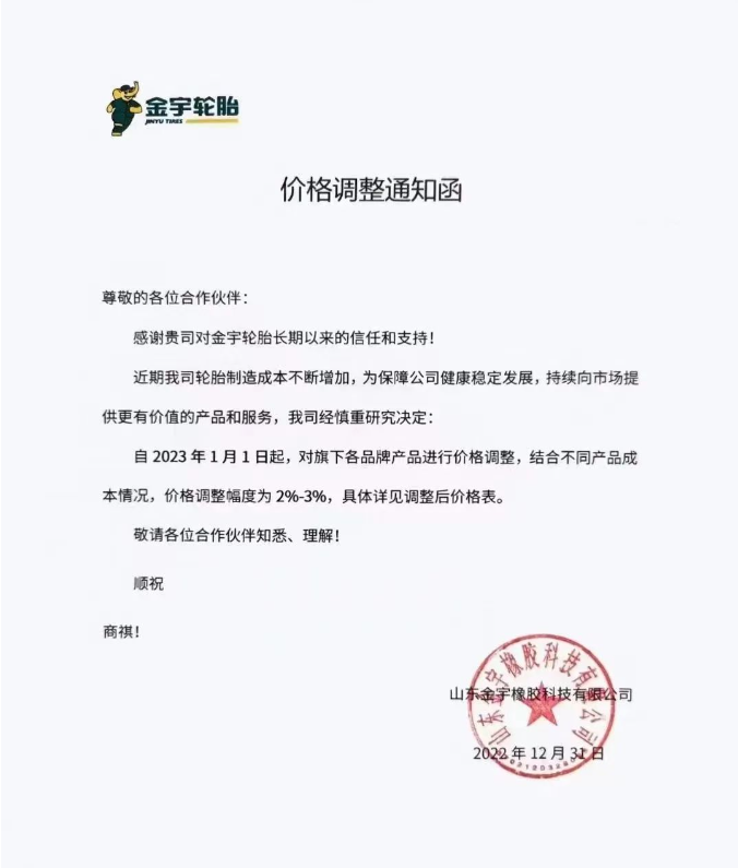 山東金宇橡膠科技有限公司發布價格調整通知函