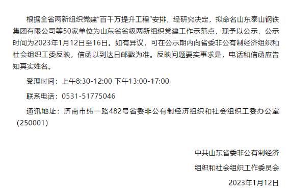 山東省省級兩新組織黨建工作示范點公示，公示時間為2023年1月12日至16日。橡膠、輪胎行業僅山東華盛橡膠有限公司入圍。