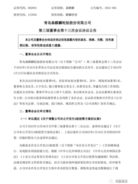 森麒麟調整定增預案，調減募資金額，提升募資價格