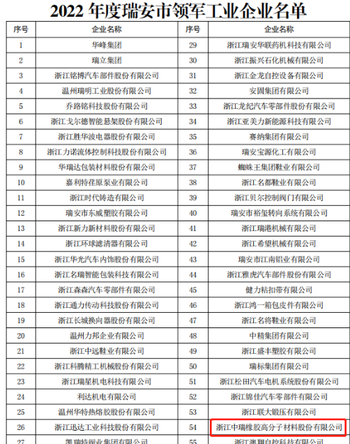 中瑞橡膠榮獲“2022年瑞安市領軍型工業企業”榮譽稱號