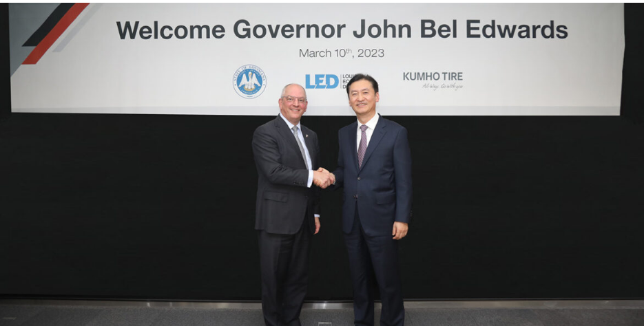 由路易斯安那州州長 John Bel Edwards 率領的貿易代表團訪問了錦湖輪胎位于韓國首爾的總部。代表團，會見了錦湖輪胎首席執行官 Il-Taek Jung、全球銷售主管 Seung-Bin Lim 和供應鏈管理主管 Eun-Sun Lee。