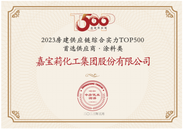 日前，房建供應鏈綜合實力TOP500-首選供應商服務商品牌測評研究報告發布，嘉寶莉憑借綜合實力再次蟬聯房建供應鏈綜合實力TOP500強首選供應商(涂料類)榜單，并連續7年蟬聯該榜單。同時，嘉寶莉攬獲另外其他10項大獎。