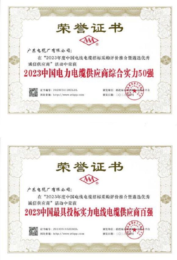 據了解，憑借卓越的綜合實力，包括出色的生產能力、技術創新和產品質量，廣東電纜廠有限公司在該活動中榮獲“2023中國電力電纜供應商綜合實力50強”和“2023中國最具投標實力電線電纜供應商百強”。