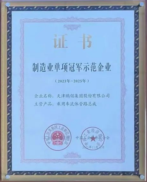 鵬翎集團憑借其在乘用車流體管路領域的卓越貢獻，成功入選為“第七批國家級制造業單項冠軍示范企業”。