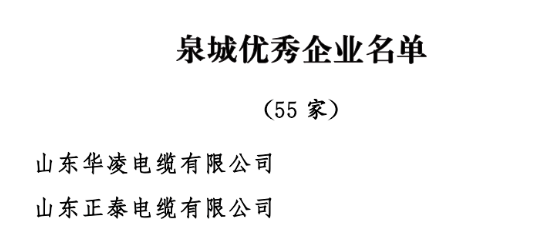中共濟南市委、濟南市人民政府發布了《關于表彰濟南市優秀企業和優秀企業家的決定》，以激勵和表彰全市廣大企業和企業家在濟南經濟社會發展中的卓越貢獻。經過嚴格評選，55家企業被授予“泉城優秀企業”稱號。其中山東華凌電纜有限公司、山東正泰電纜有限公司被授予“泉城優秀企業”稱號。