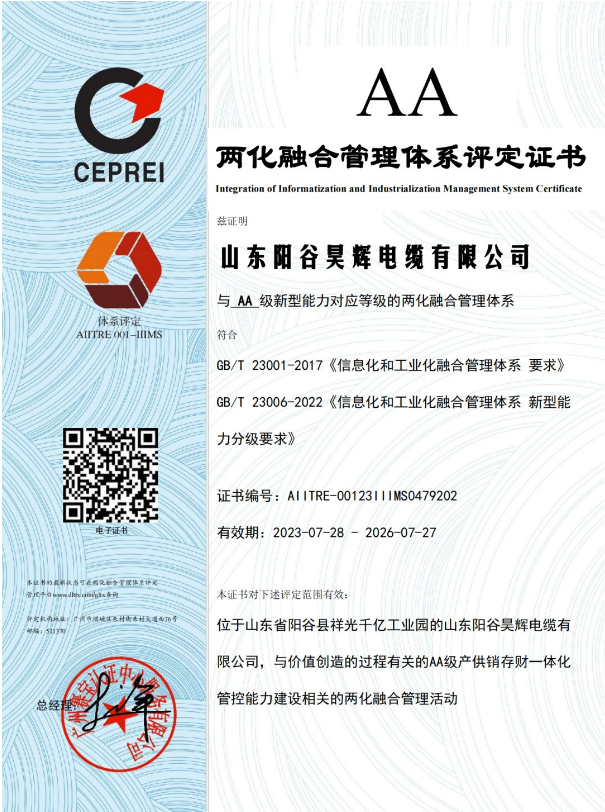 ,山東陽谷昊輝電纜有限公司在兩化融合管理體系貫標工作取得階段性成果,成功通過體系評定,并獲得由國家工信部授權的評定機構——廣州賽寶認證中心服務有限公司頒發的兩化融合管理體系AA級評定證書。