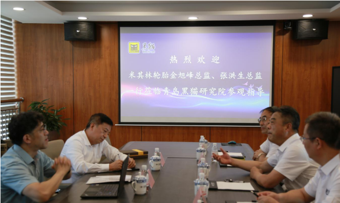 金旭峰一行人首先參觀了青島黑貓研究院的中試生產(chǎn)車間、黑貓文化展廳、檢測(cè)中心、研發(fā)中心等，詳細(xì)了解了黑貓集團(tuán)的歷史發(fā)展、業(yè)務(wù)范圍、產(chǎn)學(xué)研融合等情況。