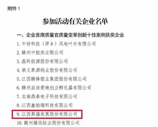 江西省贛市監辦質函〔2023〕4號發布了首屆企業首席質量官“十佳”創新案例評選的結果。在這項評選中，黑貓股份憑借其卓越的質量改革創新成績榮獲江西省質量改革創新“十佳”案例獎項。