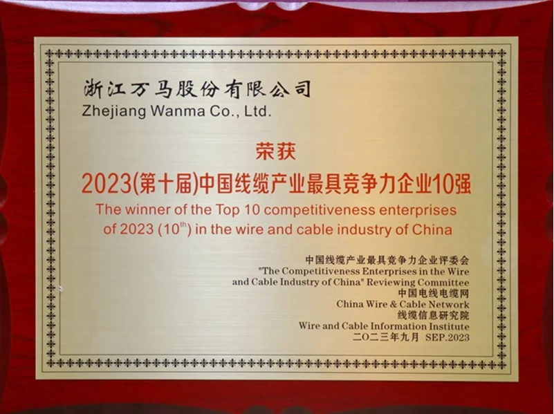 萬馬股份榮膺2023中國電線電纜行業大會競爭力獎項