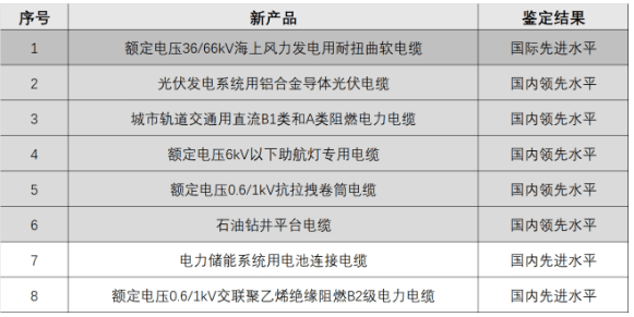 新疆維吾爾自治區(qū)工信廳科技質量處副處長陳捷在開工典禮上對新纜廠自主研發(fā)的8款創(chuàng)新產品技術進行了權威鑒定。據(jù)了解，其中一款名為“額定電壓36/66千伏海上風力發(fā)電用耐扭曲軟電纜”的產品達到了國際先進水平。此外，還有名為“鋁合金芯光伏線”和“儲能系統(tǒng)用電池連接電纜”的7款產品達到了國內先進水平。