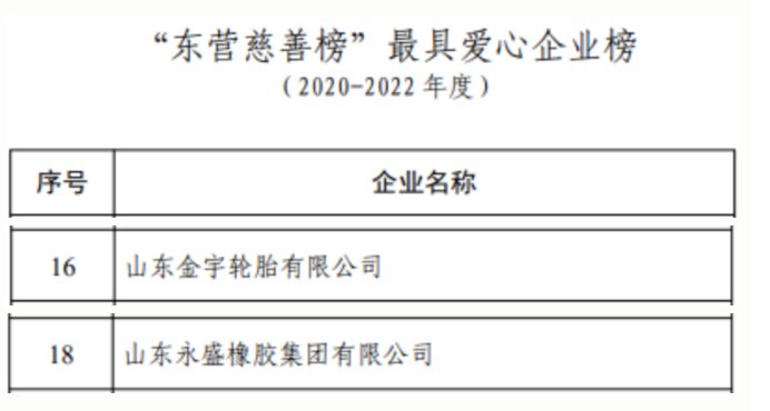 與此同時，金宇輪胎和永盛橡膠還榜上有名，入選了東營市最具愛心企業(yè)榜，這反映出這些企業(yè)在社會公益事業(yè)上的積極參與和貢獻。