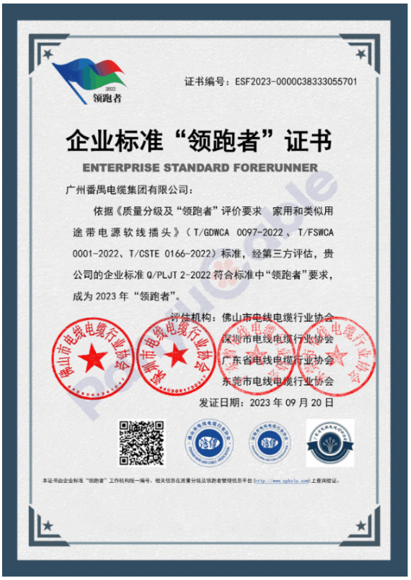 宣布了2023年首批民營企業(yè)國家級“領(lǐng)跑者”名單。其中，番纜集團(tuán)憑借其柔性防火電纜、橡套電線電纜、家用和類似用途交流帶插頭電源軟線產(chǎn)品的卓越品質(zhì)，榮獲2023年度民營企業(yè)標(biāo)準(zhǔn)“領(lǐng)跑者”證書，為該行業(yè)樹立了新的標(biāo)桿。